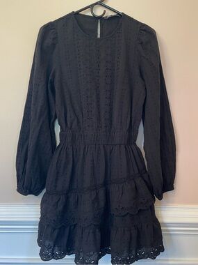 Zara Black Eyelet Tiered Long Sleeve Mini Dress